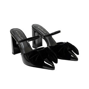 Black Patent Strappy Mule Heels Velvet Bow Pointed Toe Slip On 7